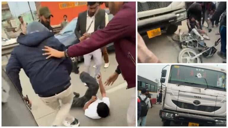 डंपर ने बाइक सवार दो युवकों को टक्कर मारकर किया गंभीर घायल, गुस्साए लोगों ने चालक को जमकर पीटा